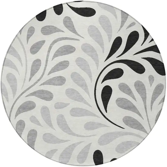 8' Ivory Black And Gray Round Botanical Leaves Washable Indoor Outdoor Area Rug Photo 3