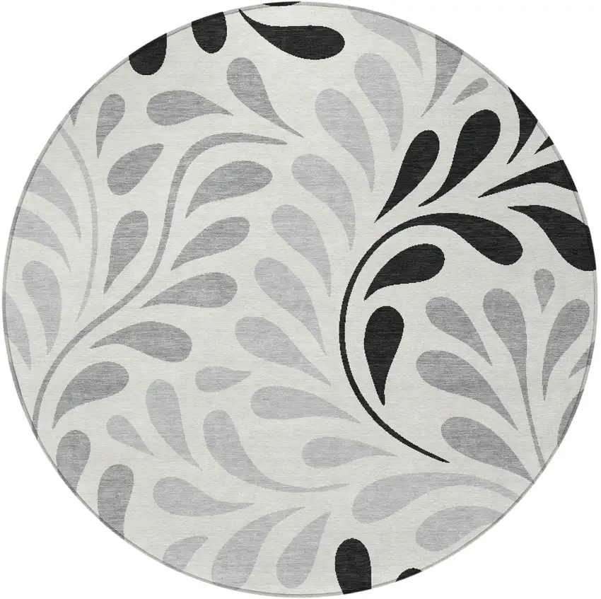 8' Ivory Black And Gray Round Botanical Leaves Washable Indoor Outdoor Area Rug Photo 3