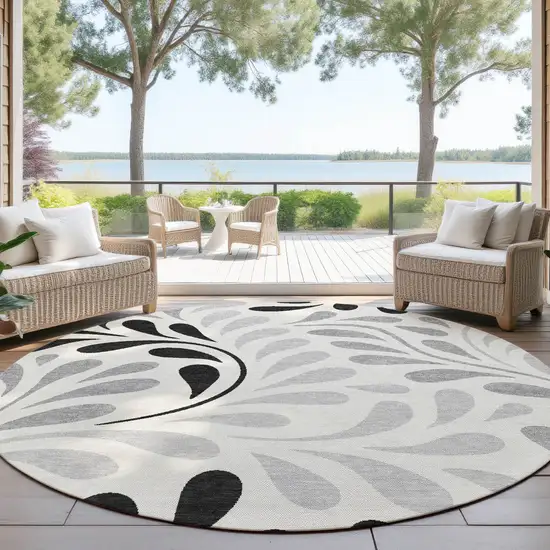8' Ivory Black And Gray Round Botanical Leaves Washable Indoor Outdoor Area Rug Photo 4