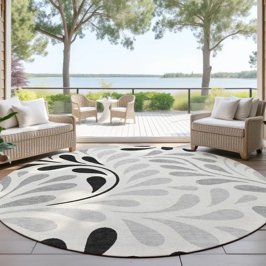 8' Ivory Black And Gray Round Botanical Leaves Washable Indoor Outdoor Area Rug Photo 4