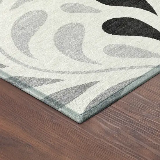 8' Ivory Black And Gray Round Botanical Leaves Washable Indoor Outdoor Area Rug Photo 8