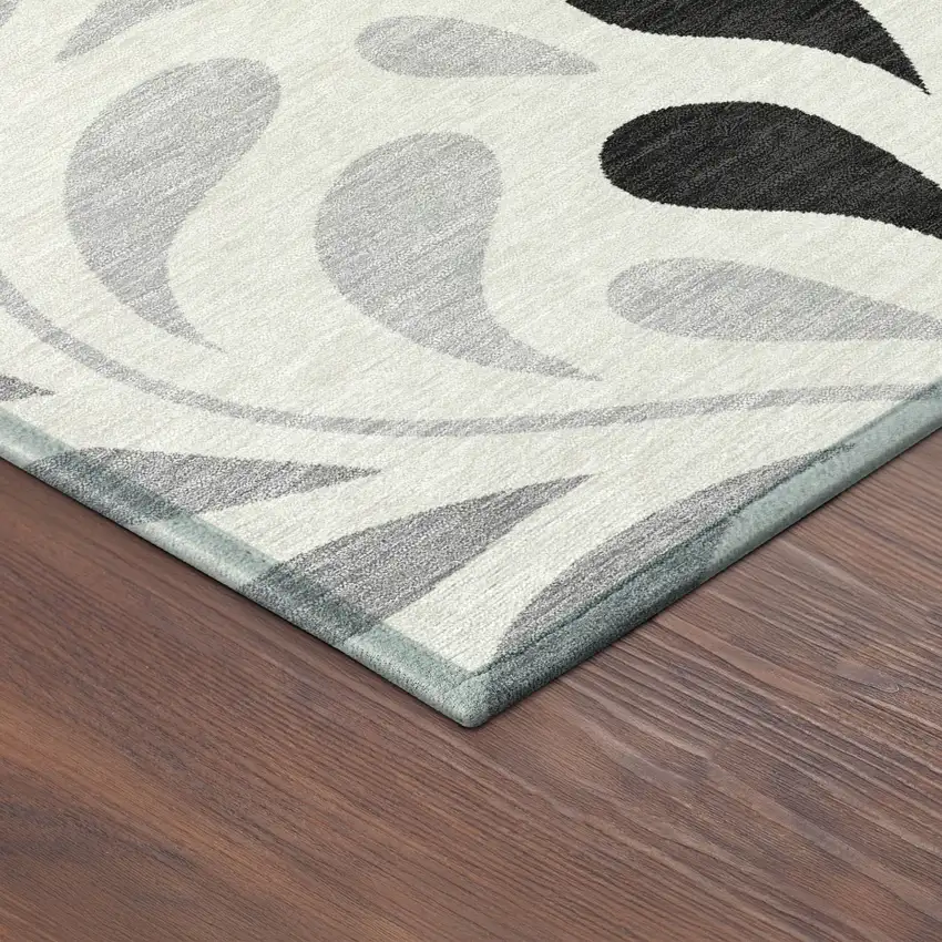 8' Ivory Black And Gray Round Botanical Leaves Washable Indoor Outdoor Area Rug Photo 8