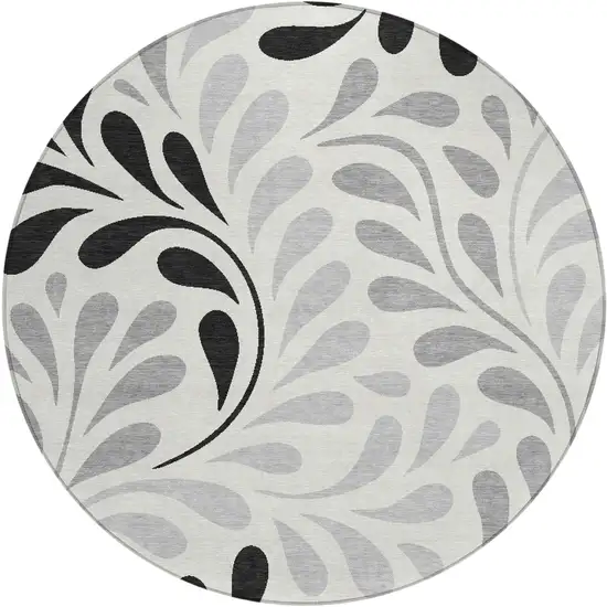 8' Ivory Black And Gray Round Botanical Leaves Washable Indoor Outdoor Area Rug Photo 1