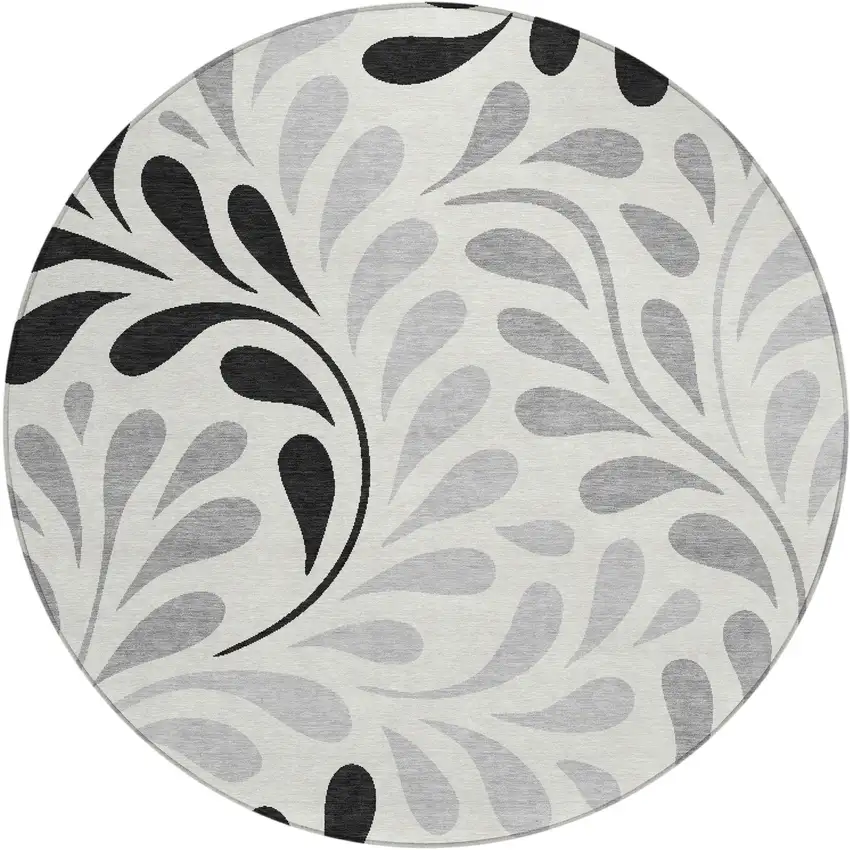 8' Ivory Black And Gray Round Botanical Leaves Washable Indoor Outdoor Area Rug Photo 1