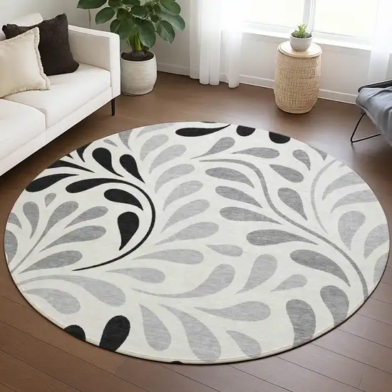 8' Ivory Black And Gray Round Botanical Leaves Washable Indoor Outdoor Area Rug Photo 5