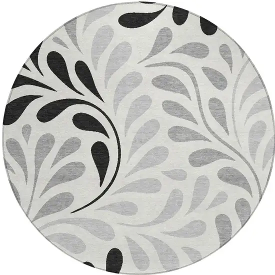 8' Ivory Black And Gray Round Botanical Leaves Washable Indoor Outdoor Area Rug Photo 2