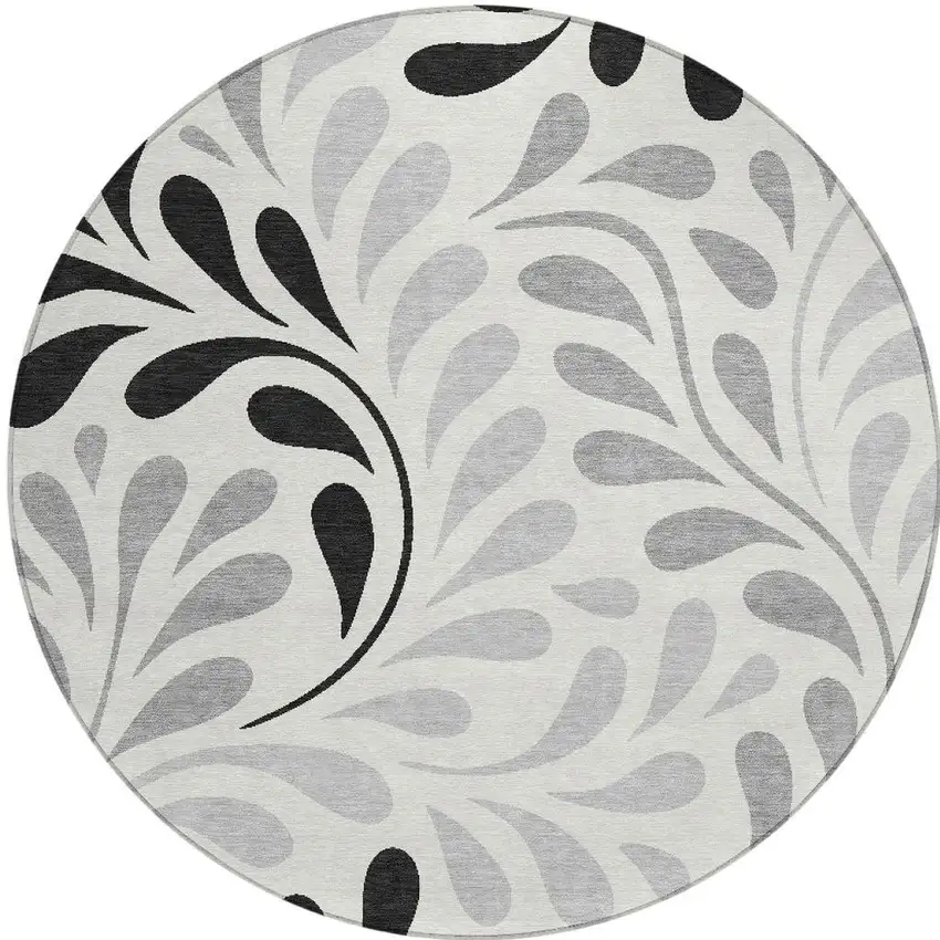 8' Ivory Black And Gray Round Botanical Leaves Washable Indoor Outdoor Area Rug Photo 2