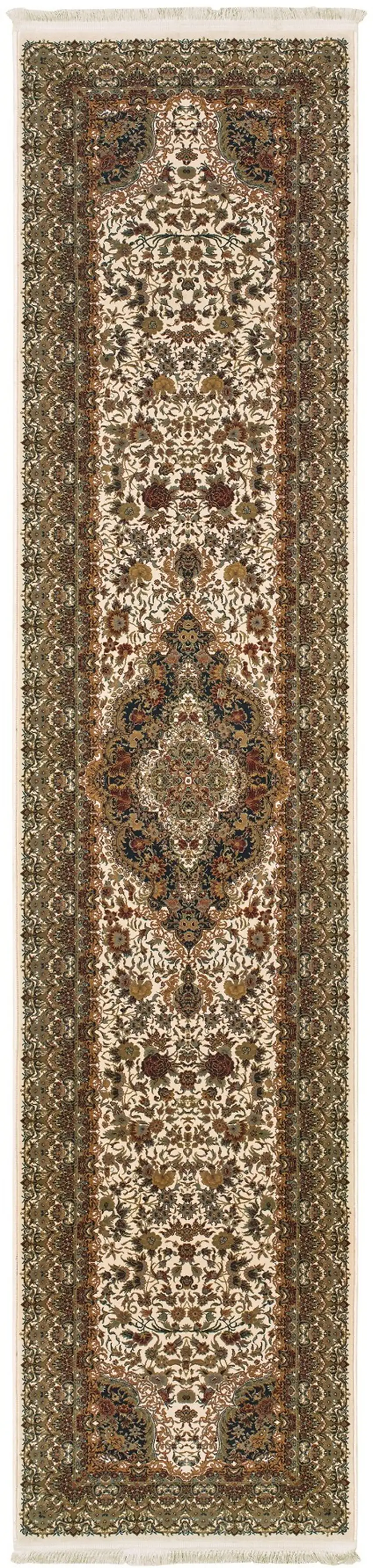 10' Ivory Black And Light Brown Medallion Runner Rug With Fringe Photo 2