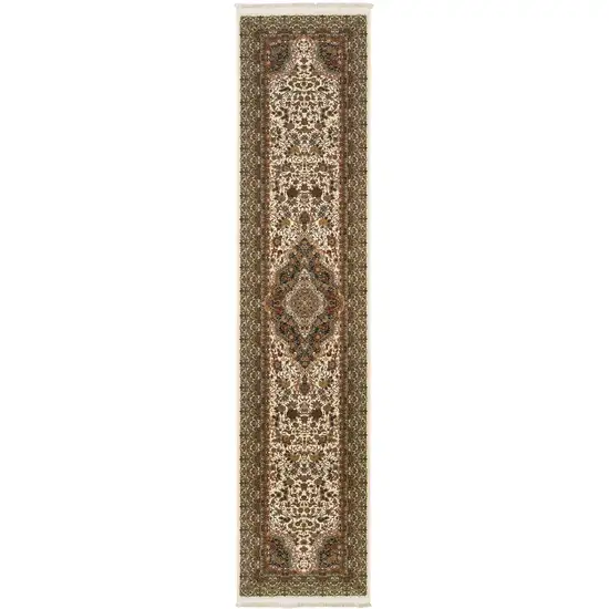10' Ivory Black And Light Brown Medallion Runner Rug With Fringe Photo 2