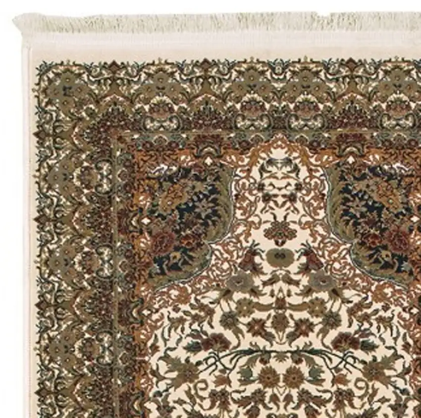 10' Ivory Black And Light Brown Medallion Runner Rug With Fringe Photo 4