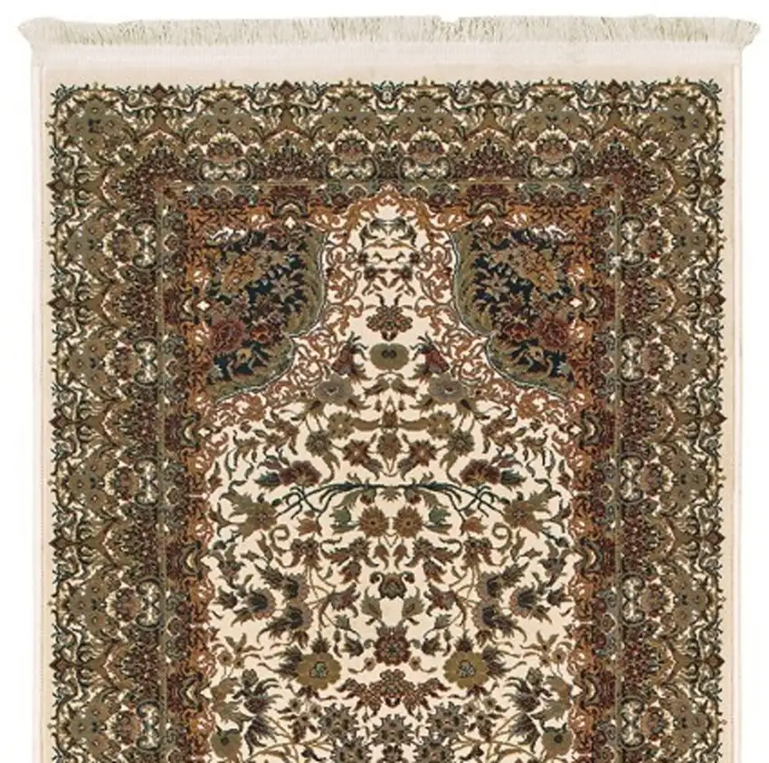 10' Ivory Black And Light Brown Medallion Runner Rug With Fringe Photo 5