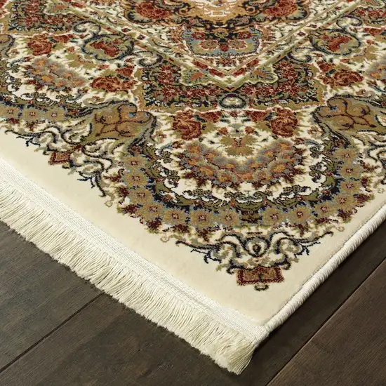 10' Ivory Black And Light Brown Medallion Runner Rug With Fringe Photo 6