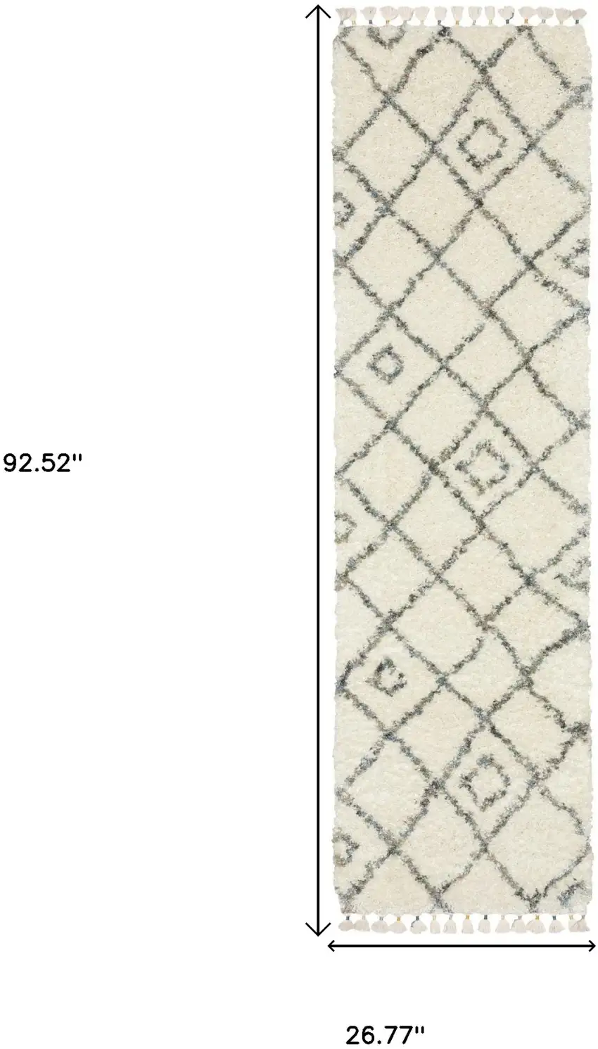 8' Ivory Black And Tan Diamond Shag Runner Rug With Fringe Photo 3