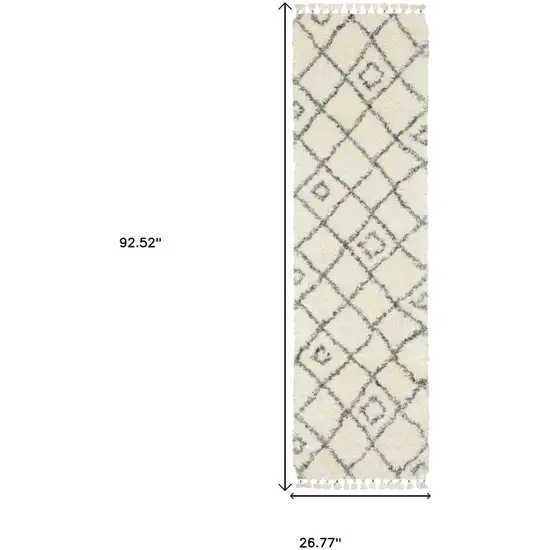 8' Ivory Black And Tan Diamond Shag Runner Rug With Fringe Photo 3