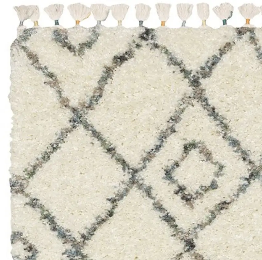 8' Ivory Black And Tan Diamond Shag Runner Rug With Fringe Photo 7