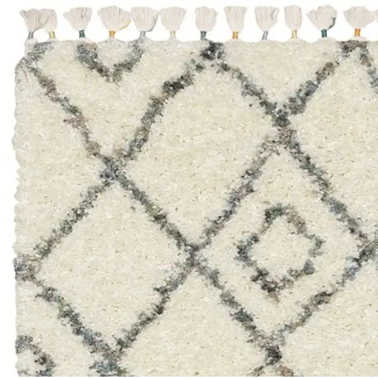 8' Ivory Black And Tan Diamond Shag Runner Rug With Fringe Photo 7