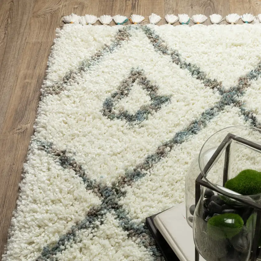 8' Ivory Black And Tan Diamond Shag Runner Rug With Fringe Photo 9