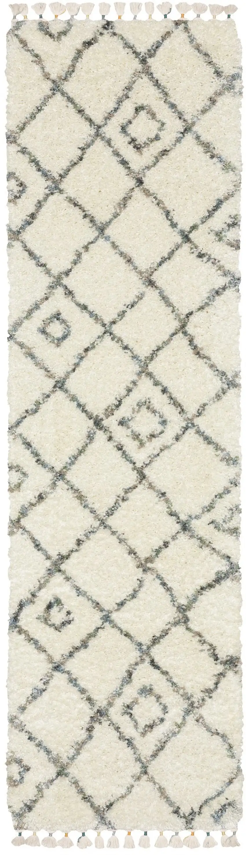 8' Ivory Black And Tan Diamond Shag Runner Rug With Fringe Photo 2