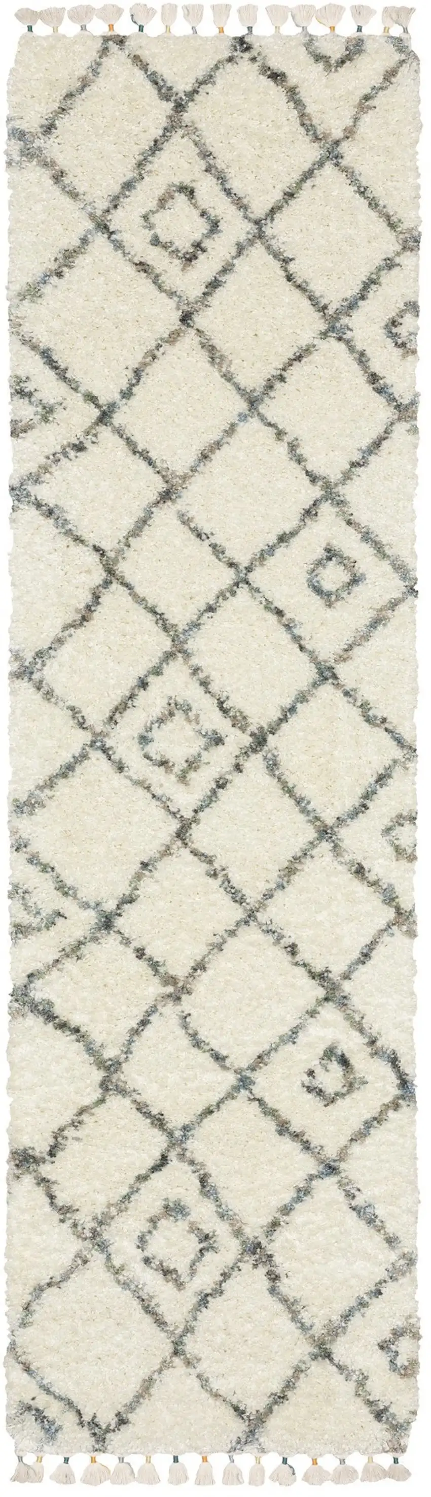 8' Ivory Black And Tan Diamond Shag Runner Rug With Fringe Photo 4