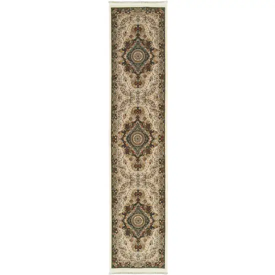 10' Ivory Black And Tan Medallion Runner Rug With Fringe Photo 3