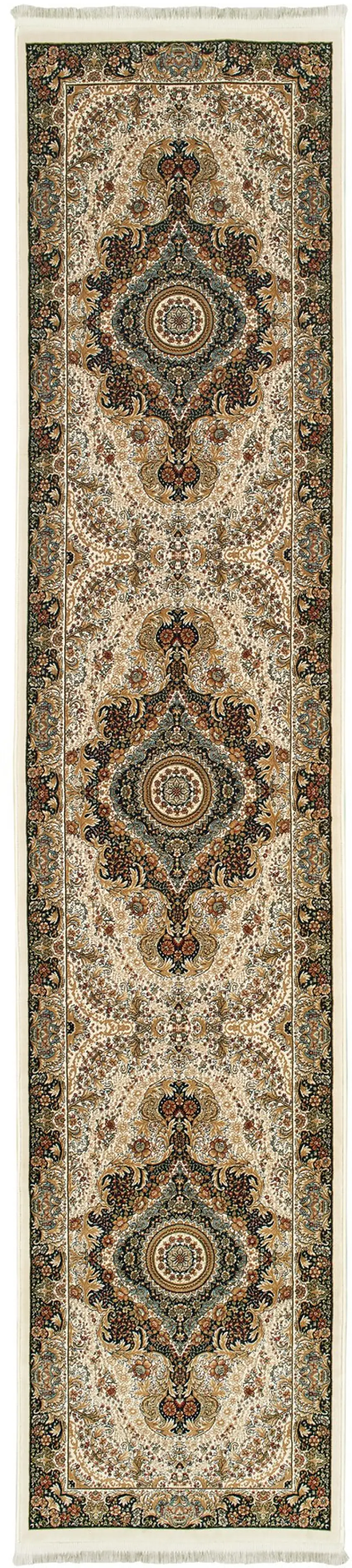 10' Ivory Black And Tan Medallion Runner Rug With Fringe Photo 3