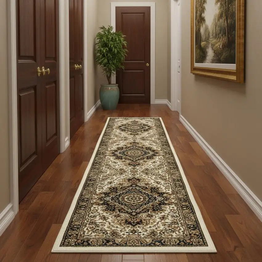 10' Ivory Black And Tan Medallion Runner Rug With Fringe Photo 1