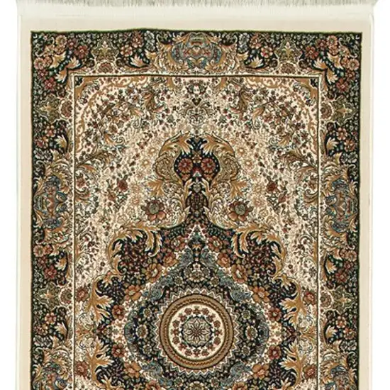 10' Ivory Black And Tan Medallion Runner Rug With Fringe Photo 2