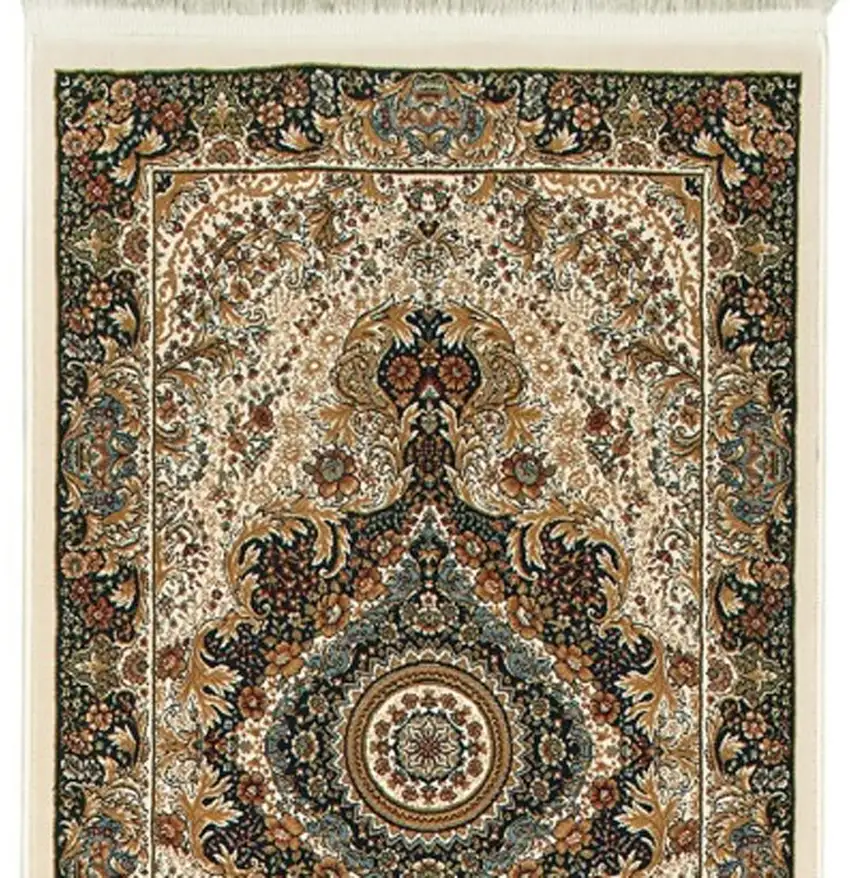 10' Ivory Black And Tan Medallion Runner Rug With Fringe Photo 2