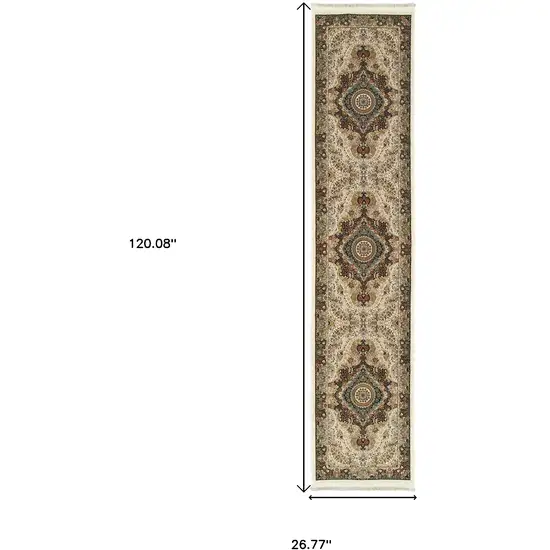 10' Ivory Black And Tan Medallion Runner Rug With Fringe Photo 6