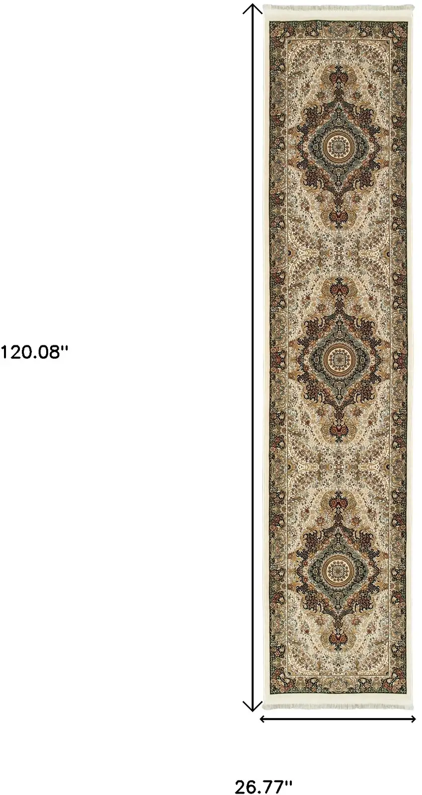 10' Ivory Black And Tan Medallion Runner Rug With Fringe Photo 6