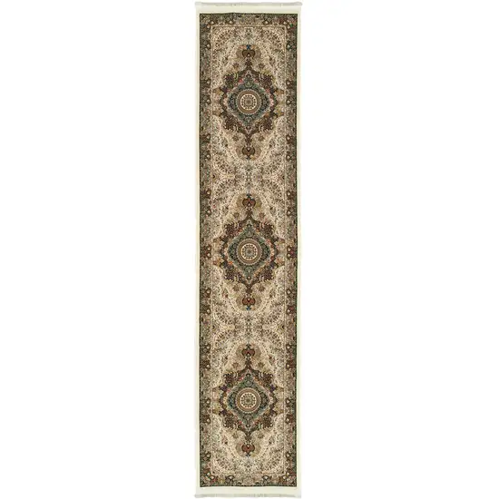 10' Ivory Black And Tan Medallion Runner Rug With Fringe Photo 4
