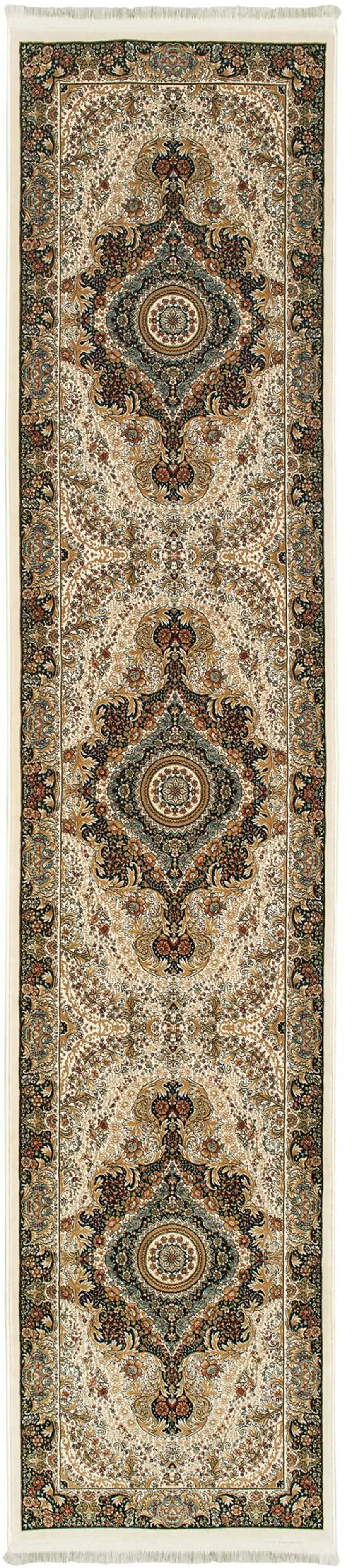 10' Ivory Black And Tan Medallion Runner Rug With Fringe Photo 4