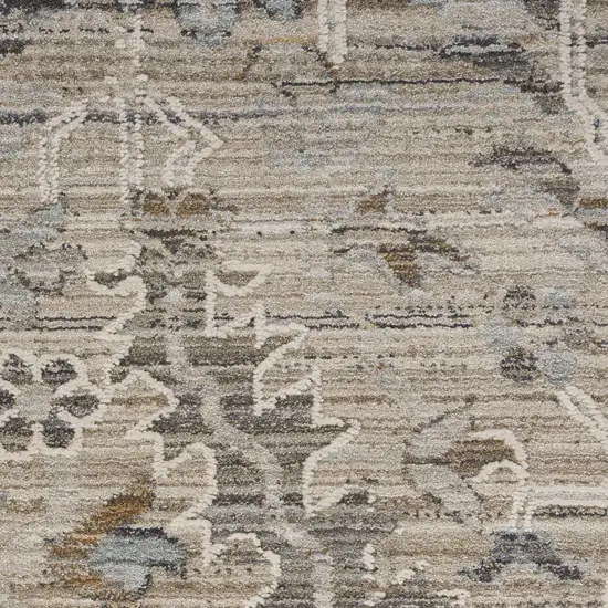 12' Ivory Black And Taupe Floral Distressed Runner Rug With Fringe Photo 3