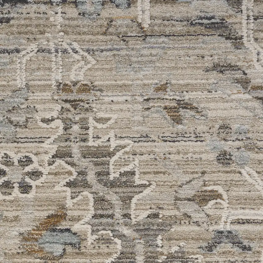 12' Ivory Black And Taupe Floral Distressed Runner Rug With Fringe Photo 3