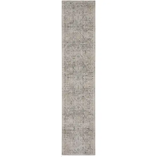 12' Ivory Black And Taupe Floral Distressed Runner Rug With Fringe Photo 2