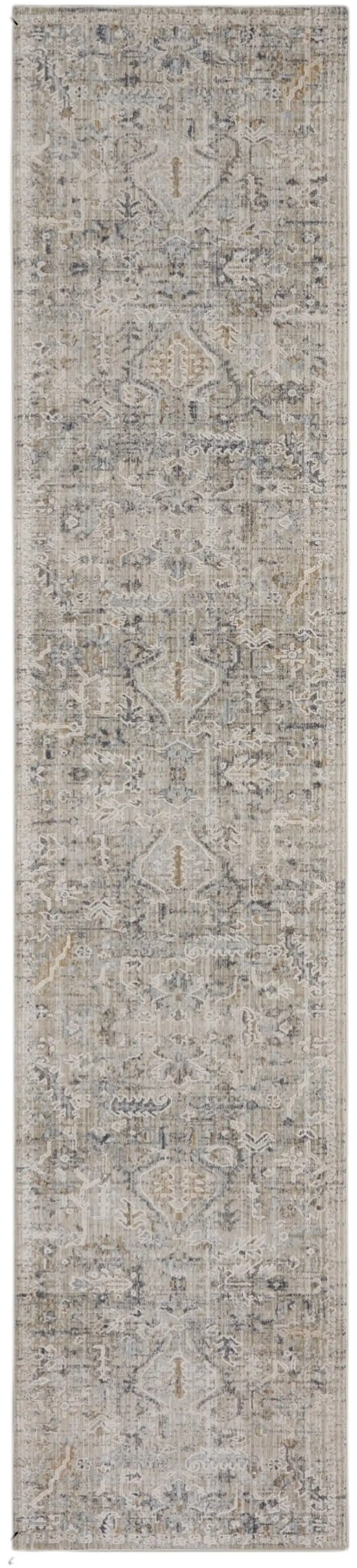 12' Ivory Black And Taupe Floral Distressed Runner Rug With Fringe Photo 2