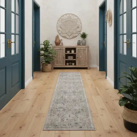 12' Ivory Black And Taupe Floral Distressed Runner Rug With Fringe Photo 1