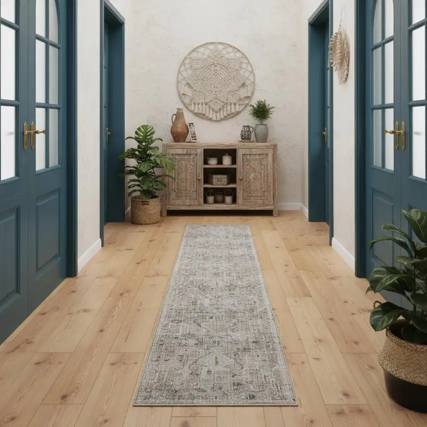 12' Ivory Black And Taupe Floral Distressed Runner Rug With Fringe Photo 1