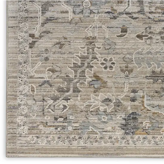 12' Ivory Black And Taupe Floral Distressed Runner Rug With Fringe Photo 9