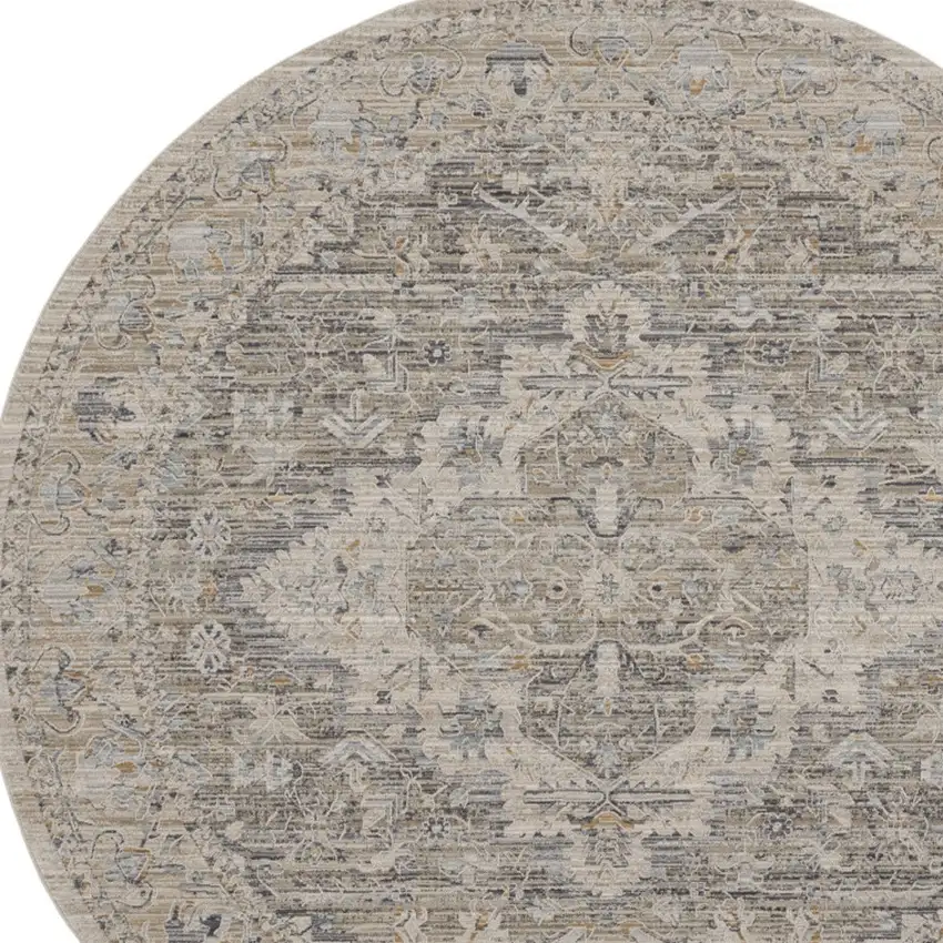 8' Ivory Black And Taupe Floral Medallion Distressed Round Rug With Fringe Photo 7