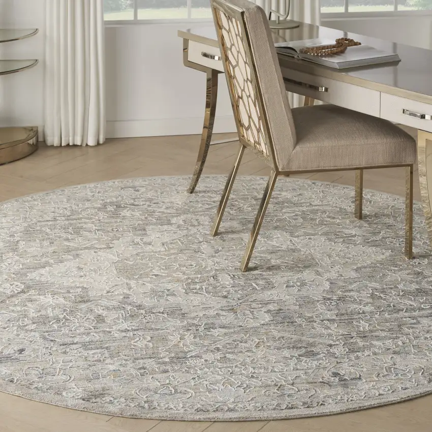 8' Ivory Black And Taupe Floral Medallion Distressed Round Rug With Fringe Photo 5