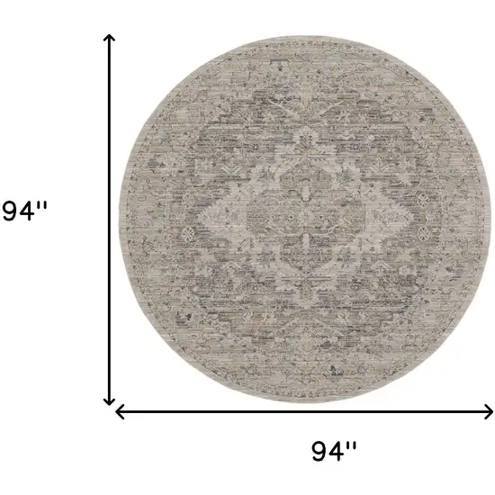 8' Ivory Black And Taupe Floral Medallion Distressed Round Rug With Fringe Photo 3