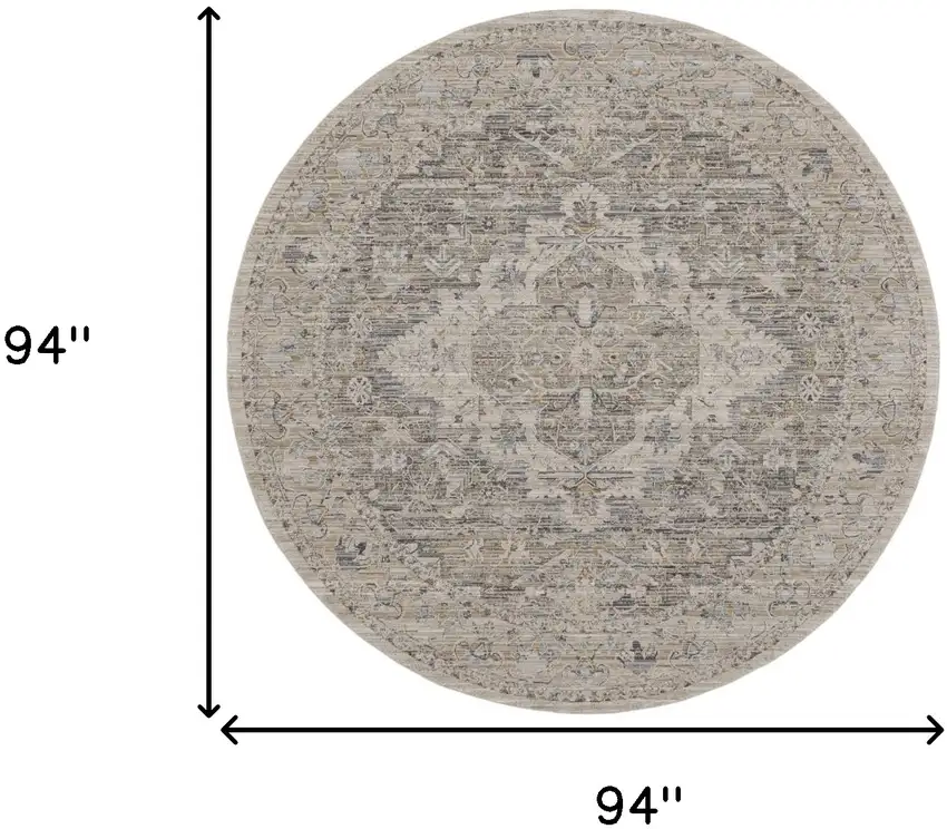 8' Ivory Black And Taupe Floral Medallion Distressed Round Rug With Fringe Photo 3