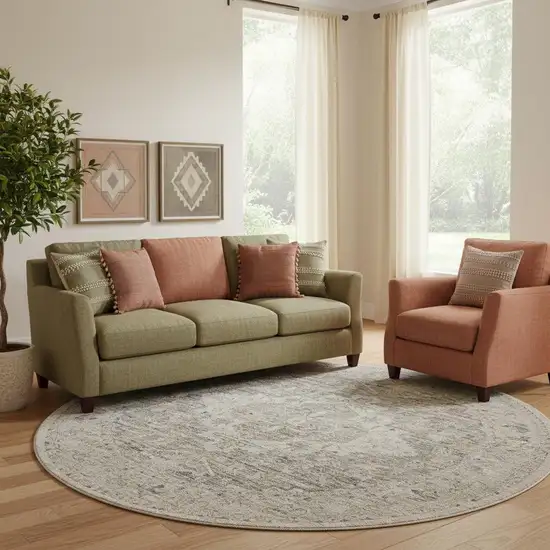 8' Ivory Black And Taupe Floral Medallion Distressed Round Rug With Fringe Photo 1