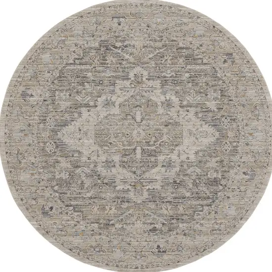 8' Ivory Black And Taupe Floral Medallion Distressed Round Rug With Fringe Photo 3
