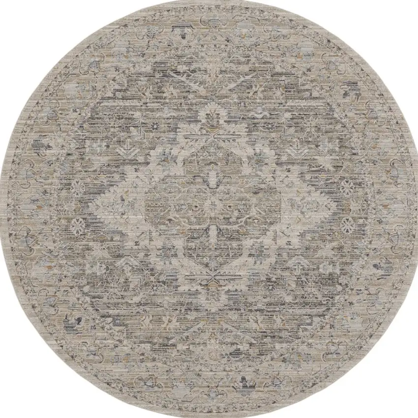8' Ivory Black And Taupe Floral Medallion Distressed Round Rug With Fringe Photo 3