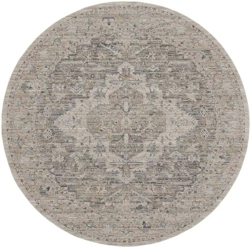 8' Ivory Black And Taupe Floral Medallion Distressed Round Rug With Fringe Photo 4
