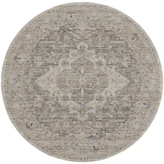 8' Ivory Black And Taupe Floral Medallion Distressed Round Rug With Fringe Photo 4
