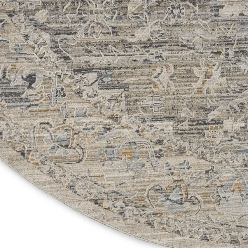 8' Ivory Black And Taupe Floral Medallion Distressed Round Rug With Fringe Photo 9