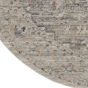 Photo of 8' Ivory Black And Taupe Floral Medallion Distressed Round Rug With Fringe